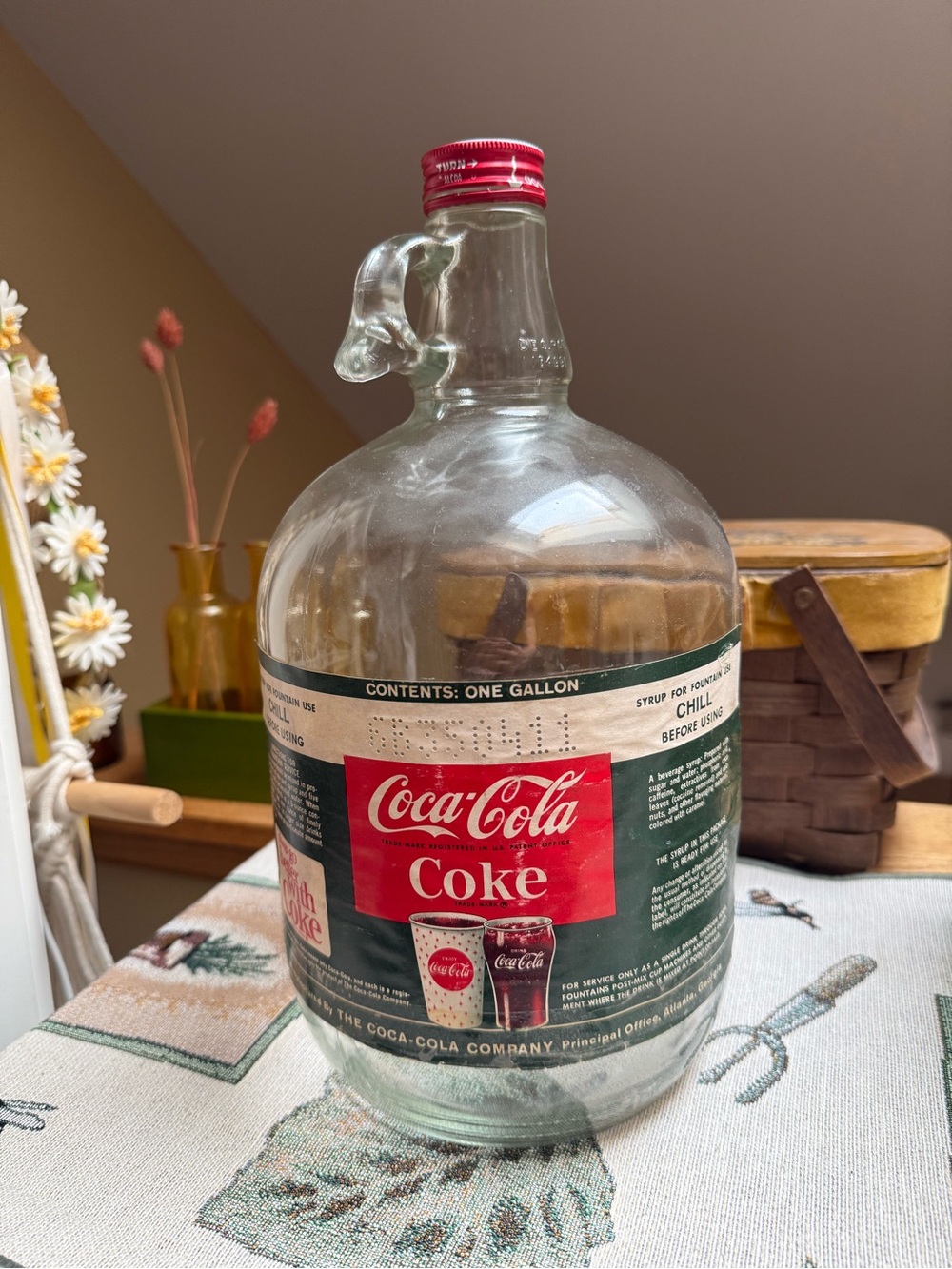 Vintage 1960s Coca-Cola 1 Gallon Glass Syrup Fountain Jug Bottle w/ Label & Cap